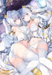  2girls armpits ass bare_shoulders blue_eyes blush bow braid breasts cleavage clothes_lift collarbone commentary_request crown elbow_gloves elf frills garter_straps gloves hair_between_eyes hair_ornament hair_ribbon heterochromia lantern large_breasts lifted_by_self long_hair long_pointy_ears looking_at_viewer lying medium_breasts melonbooks mini_crown multiple_girls navel on_back original panties parted_lips pink_eyes pointy_ears purple_eyes ribbon satsuki_misuzu siblings sidelocks smile thighhighs thighs twins twintails underwear very_long_hair white_gloves white_panties 