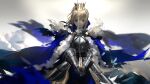  1girl ahoge armor artoria_pendragon_(fate) blonde_hair blue_bow blue_cape blue_skirt blurry blurry_background bow breastplate cape closed_mouth commentary_request cowboy_shot crown excalibur_(fate/stay_night) fate/grand_order fate_(series) faulds fighting_stance film_grain floating_hair fur-trimmed_cape fur_trim gauntlets green_eyes grey_background hair_bow highres holding holding_sword holding_weapon looking_at_viewer narue saber serious short_hair sidelocks skirt solo straight-on sword weapon wind wind_lift 