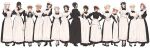  6+girls absurdres apron black_dress black_footwear breasts dress full_body hat high_heels highres juliet_sleeves large_breasts long_dress long_sleeves looking_at_viewer maid mob_cap multiple_girls original puffy_sleeves simple_background throtem white_apron white_background 