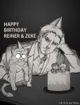  1boy absurdres animal animalization armored_titan beast_titan birthday blonde_hair cat character_cake cigarette clothed_animal glasses greyscale highres holding holding_animal looking_at_viewer looupvote:any male_focus mardvbum monochrome reiner_braun shingeki_no_kyojin short_hair table titan_(shingeki_no_kyojin) zeke_yeager 