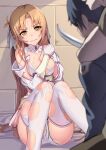  1girl 2boys arm_guards asuna_(stacia) biting black_hair blackmail blurry blurry_foreground blush braid breasts brown_eyes brown_hair covering covering_breasts defeat dress elbow_gloves french_braid gloves gtgt_nishiteyaru hair_ribbon highres holding holding_knife indoors kirito knife large_breasts lip_biting long_hair multiple_boys ribbon short_hair short_ponytail sitting sword_art_online sword_art_online:_alicization thighhighs threat torn_clothes torn_dress torn_gloves torn_thighhighs very_long_hair white_dress white_gloves white_ribbon white_thighhighs 