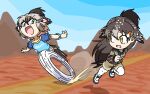  2girls alternate_design arm_up arms_up bird_girl bird_tail bird_wings bow bowtie brown_hair chibi clothes_writing colored_inner_hair day dual_persona full_body greater_roadrunner_(kemono_friends) green_eyes grey_hair hair_between_eyes hair_ornament hair_tubes hairclip hand_up head_wings kemono_friends leaning_forward long_hair long_sleeves looking_at_another medium_hair motion_lines multicolored_hair multiple_girls open_mouth outdoors outstretched_arms pantyhose pantyhose_under_shorts running shirt shoes short_sleeves shorts smile srd_(srdsrd01) tail v-shaped_eyebrows very_long_hair wheel_o_feet white_hair white_pantyhose wings yellow_eyes 