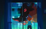  1girl child city curtains digimon digimon_(creature) digimon_adventure digimon_adventure_(1999_film) fangs greymon horns night official_alternate_costume orange_hair red_eyes short_hair size_difference standing takenouchi_sora window yoko.u 