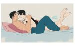  2boys aqua_pants artist_name bara bed black_hair blush closed_mouth couple jewelry kashikahaya large_pectorals looking_at_another lying male_focus multiple_boys muscular muscular_male on_back on_bed original pants pectorals ring short_hair smile topless_male yaoi 
