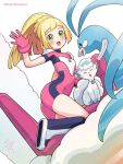  1girl :d alolan_vulpix altaria blonde_hair blush bodysuit boots braid commentary_request eyelashes gloves green_eyes hand_up happy highres kinocopro lillie_(pokemon) long_hair looking_at_viewer open_mouth pink_bodysuit pink_gloves pokemon pokemon_(anime) pokemon_(creature) pokemon_sm_(anime) ponytail smile twitter_username watermark white_background 