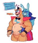  accessory anthro arms_around_torso bear biped blue_body blue_fur blue_markings blush bow_tie brown_body brown_fur clothing dialogue digital_media_(artwork) duo ear_piercing five_nights_at_freddy&#039;s five_nights_at_freddy&#039;s:_security_breach from_behind_(disambiguation) fur fur_markings glamrock_freddy_(fnaf) hair hands_on_belly hat head_on_shoulder headgear headwear hi_res lagomorph leporid male male/male mammal markings open_mouth overweight papyuuno pattern_clothing piercing rabbit scottgames shirtless simple_background smile speech_bubble steel_wool_studios striped_clothing stripes teeth text tongue top_hat tuft 