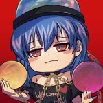  1girl alternate_eye_color bare_shoulders black_choker black_headwear black_shirt blue_hair blue_pupils blush_stickers chain choker closed_mouth earth_(ornament) english_text gold_chain head_tilt heart hecatia_lapislazuli hecatia_lapislazuli_(earth) holding_planet ina_zuma looking_at_viewer medium_hair moon_(ornament) off-shoulder_shirt off_shoulder polos_crown red_background red_eyes shirt short_sleeves smirk t-shirt touhou underworld_(ornament) upper_body wavy_eyebrows 
