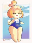  2023 animal_crossing anthro artist_name bell_accessory black_nose blonde_hair blue_background blue_clothing blue_swimwear blush border breasts canid canine canis cel_shading chubby_female clothing colored digital_media_(artwork) domestic_dog eyelashes eyes_closed female hair happy isabelle_(animal_crossing) mammal nintendo one-piece_swimsuit onigiri_punch open_mouth patreon patreon_logo red_hairband shaded shih_tzu simple_background slightly_chubby solo swimwear thick_thighs toy_dog white_border yellow_body yellow_ears 