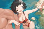  1girl 2boys ;d bare_shoulders bikini black_hair bracelet breasts cleavage collarbone green_eyes highres holding_another&#039;s_wrist jewelry large_breasts looking_at_another multiple_boys navel one_eye_closed red_bikini ruby_rose rwby short_hair sideways_glance smile solo_focus stomach swimsuit v wading wangxiii water wet 