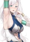  1girl arm_up armpit_focus armpits arms_up bare_shoulders blue_eyes blush breasts clothing_cutout detached_sleeves dress grey_hair highres hololive hololive_indonesia jewelry large_breasts long_hair mitsuru_(pixiv_34028718) navel open_mouth pavolia_reine pavolia_reine_(1st_costume) presenting_armpit sideboob stomach_cutout virtual_youtuber white_sleeves 