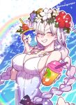  1girl absurdres anastasia_(fate) anastasia_(swimsuit_archer)_(fate) anastasia_(swimsuit_archer)_(second_ascension)_(fate) bare_shoulders blue_sky blush bow braid breasts cleavage closed_eyes collarbone cup dress dress_swimsuit drinking_straw fate/grand_order fate_(series) flower_wreath grin hair_bow hair_over_one_eye head_wreath highres large_breasts long_hair mitsurugi_sugar rainbow sky smile solo twin_braids very_long_hair white_dress white_hair 