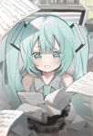  1girl :d aqua_eyes aqua_hair aqua_necktie bare_shoulders beamed_eighth_notes black_skirt blunt_bangs blurry blurry_background blurry_foreground blush collared_shirt commentary_request cowboy_shot depth_of_field grey_shirt hair_ornament half_note hatsune_miku highres holding holding_paper indoors light_blush long_hair looking_at_viewer musical_note necktie open_mouth paper quarter_note sheet_music shirt skirt sleeveless smile solo staff_(music) standing thighs treble_clef twintails vocaloid whole_note yuta_2341 