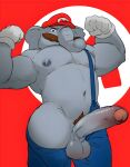  absurd_res anthro balls clothing elephant elephant_mario elephantid erection flexing flexing_muscles genitals hi_res male mammal mario mario_bros mostly_nude mostly_nude_male nintendo overalls overalls_only penis proboscidean pubes rickpenman solo super_mario_bros_wonder 