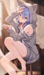 1girl absurdres animal_ears animal_hood barefoot blue_eyes blue_hair blue_nails blurry blurry_background camisole cat_ears chair grey_hoodie grin hair_between_eyes highres hololive hood hoodie hoshimachi_suisei looking_at_viewer nail_polish parted_lips sitting smile solo star_(symbol) star_in_eye symbol_in_eye thighs toenail_polish toenails virtual_youtuber yozora_(1wkdgusdn) 