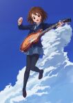  1girl :d black_pantyhose blazer blue_jacket blue_ribbon blue_sky blush brown_eyes brown_footwear brown_hair cloud collared_shirt commentary_request electric_guitar full_body grey_skirt guitar hair_between_eyes hair_ornament hairclip highres hirasawa_yui holding holding_instrument instrument jacket k-on! loafers long_sleeves looking_at_viewer mandei_(nao_1234567) neck_ribbon open_mouth outdoors pantyhose pleated_skirt ribbon sakuragaoka_high_school_uniform school_uniform shirt shoes short_hair skirt sky smile solo teeth upper_teeth_only white_shirt winter_uniform 