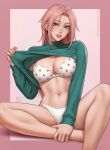  1girl artist_name bra breasts earrings food_print freckles highres jewelry large_breasts long_hair navel original panties pink_hair sciamano240 signature solo strawberry_print sweater thighs tongue tongue_out turtleneck turtleneck_sweater underwear 