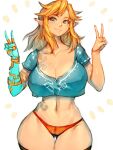  1girl arm_tattoo black_thighhighs blonde_hair blue_eyes blue_shirt breasts champion&#039;s_tunic_(zelda) cleavage cropped_legs cropped_shirt double_v elf fumio_(rsqkr) genderswap genderswap_(mtf) highres large_breasts legs_together link mechanical_arms medium_hair narrow_waist navel orange_panties panties pointy_ears shirt shoulder_tattoo single_mechanical_arm smile stomach_tattoo tattoo the_legend_of_zelda the_legend_of_zelda:_breath_of_the_wild the_legend_of_zelda:_tears_of_the_kingdom thighhighs thong underwear v white_background 