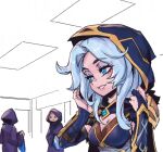  1girl 2boys ashe_(league_of_legends) blue_cape blue_eyes blue_shirt breasts cape cleavage gem grin hands_up hood hood_up hooded_cape large_breasts league_of_legends long_hair long_sleeves multiple_boys phantom_ix_row shirt shoulder_plates smile teeth white_hair 