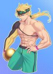  1boy abs ball bara bare_pectorals black_headband blonde_hair blue_eyes bowling_ball cropped_legs fate/grand_order fate_(series) green_pants hand_on_own_hip headband highres large_pectorals male_focus muscular muscular_male nipples no_nipples obliques official_alternate_costume official_alternate_hairstyle pants pectorals ponytail sakata_kintoki_(all_the_way_bang)_(fate) sakata_kintoki_(fate) short_hair single_sleeve smile solo stomach veins veiny_arms zanshi 