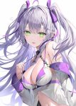  1girl ahoge black_choker blush breasts choker cleavage dot_nose fang green_eyes grey_hair hair_ribbon highres holding_strap long_hair looking_at_viewer navel open_mouth original pointy_ears purple_ribbon ribbon rin_yuu sidelocks simple_background skin_fang solo two_side_up upper_body white_background 