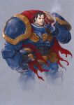  1boy absurdres armor between_fingers black_hair cape chlorenology cigar clark_kent commentary dc_comics double_chin english_commentary facial_hair grey_background helmet highres holding logo male_focus muscular muscular_male real_life red_cape sketch superman superman_(series) warhammer_40k western_comics_(style) 
