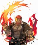  1boy bara beard cowboy_shot dark-skinned_male dark_skin eyebrow_cut facial_hair fire flaming_eye hephaestus_(housamo) jumpsuit large_pectorals looking_at_viewer male_focus mature_male mechanic muscular muscular_male mustache_stubble partially_unzipped pectoral_cleavage pectorals pyro_(tf2) red_eyes red_jumpsuit scar sdz_(inazuma) short_hair thick_eyebrows tokyo_afterschool_summoners tools unfinished 