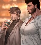  2boys bara beard_stubble check_copyright chest_hair_peek commission copyright_request dark-skinned_male dark_skin dobek_k drinking eyebrow_cut from_side highres large_pectorals looking_at_another looking_at_pectorals male_focus mature_male meme multiple_boys muscular muscular_male original pectoral_cleavage pectoral_envy_(meme) pectorals profile short_hair staring thick_eyebrows upper_body yaoi 