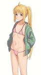  1girl ahoge bare_legs bikini blonde_hair bocchi_the_rock! closed_mouth feet_out_of_frame green_jacket highres ijichi_nijika jacket looking_at_viewer navel one_side_up open_clothes open_jacket open_mouth pink_bikini red_eyes simple_background solo swimsuit white_background xion_(pulilulu) 