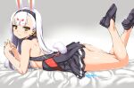  1girl absurdres animal_ears ass azur_lane bare_shoulders black_dress black_footwear blush breasts brown_eyes dress from_side grey_background hairband highres legs legs_up long_hair looking_at_viewer lying on_stomach own_hands_together rabbit_ears rabbit_girl rabbit_tail shimakaze_(azur_lane) shoes short_dress sideboob simple_background small_breasts smile solo swimsuit swimsuit_over_clothes tail thighs umyonge_(lkakeu) very_long_hair white_hair 