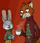  anothercolouranon anthro beverage canid canine clothing disney duo female fox holidays judy_hopps lagomorph leporid male mammal nick_wilde rabbit red_background simple_background sweater topwear turtleneck zootopia 