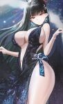  1girl absurdres black_dress black_hair blue_archive bracelet breasts dress earrings egoswans halo highres jewelry large_breasts long_hair navel plunging_neckline red_eyes rio_(blue_archive) side_slit solo thighs very_long_hair 