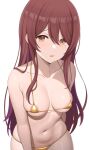  1girl areola_slip baji_toufuu_(bajitohfu) bikini blush breasts cleavage collarbone covered_nipples gold_bikini hair_between_eyes highres idolmaster idolmaster_shiny_colors long_hair looking_at_viewer medium_breasts micro_bikini navel open_mouth osaki_tenka red_hair shiny_swimsuit simple_background skindentation solo swept_bangs swimsuit white_background yellow_bikini yellow_eyes 