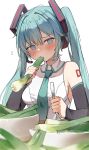  1girl @_@ aqua_eyes aqua_hair aqua_necktie bare_shoulders black_sleeves blush bowl breasts collared_shirt detached_sleeves eating embarrassed flying_sweatdrops food fork hair_between_eyes hair_ornament hatsune_miku headphones headset highres holding holding_food holding_fork holding_vegetable long_hair looking_at_viewer medium_breasts necktie orobou shirt shoulder_tattoo sideboob simple_background sleeveless sleeveless_shirt solo spring_onion sweat sweatdrop tattoo twintails upper_body vegetable very_long_hair vocaloid white_background white_shirt 