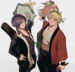  2boys belt black_pants blonde_hair blue_eyes char&#039;s_daily_life char_aznable closed_mouth clothes coat collarbone collared_shirt epaulettes garma_zabi guitar_case gundam hair_over_one_eye hand_on_own_hip haori headband holding holding_mallet instrument_case instrument_on_back jacket japanese_clothes kade_punch kesa long_sleeves looking_at_viewer male_focus mallet military_uniform mobile_suit_gundam multiple_boys open_clothes open_collar open_jacket pants purple_hair purple_shirt red_coat shirt short_hair simple_background smirk stole sweat throwing uniform white_headband white_shirt 