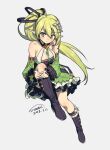  1girl 2023 airseal bare_shoulders black_dress black_footwear boots breasts cleavage dated detached_sleeves dress elf elsword frills full_body green_dress green_eyes green_hair grey_background hair_between_eyes highres invisible_chair looking_at_viewer medium_breasts pointy_ears ponytail rena_erindel signature simple_background sitting solo two-tone_dress wind_sneaker_(elsword) 