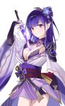  1girl bra breasts bridal_gauntlets cleavage drawing_sword electricity flower genshin_impact hair_ornament highres holding holding_sword holding_weapon japanese_clothes kimono kittf large_breasts long_hair long_sleeves looking_at_viewer mole mole_under_eye musou_isshin_(genshin_impact) purple_bra purple_eyes purple_flower purple_hair purple_kimono purple_nails raiden_shogun solo standing sword underwear weapon white_background wide_sleeves 