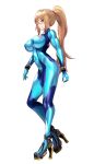  1girl blonde_hair blue_bodysuit blue_eyes bodysuit breasts highres impossible_bodysuit impossible_clothes large_breasts latex latex_bodysuit long_hair looking_at_viewer metroid ponytail power_suit samus_aran sidelocks skin_tight solo volyz zero_suit 