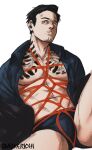  1boy abs absurdres bara bare_pectorals black_hair black_male_underwear blue_shirt briefs bulge chest_tattoo collared_shirt facial_hair feet_out_of_frame goatee gokushufudou head_tilt highres jacket large_pectorals looking_at_viewer male_focus male_underwear mature_male muscular muscular_male nipples no_eyewear no_pants open_clothes open_jacket open_shirt partially_undressed pectorals red_rope rope shibari shirt short_hair sideburns smokerichi solo spread_legs stomach tatsu_(gokushufudou) tattoo thick_thighs thighs underwear 