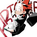  1boy boku_no_hero_academia briefcase dated food food_in_mouth from_above hand_in_pocket kirishima_eijirou looking_up male_focus morikiri mouth_hold one_eye_closed red_eyes red_hair school_uniform short_hair solo spiked_hair toast toast_in_mouth u.a._school_uniform 