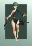  1girl absurdres artist_name barefoot black_background black_dress blood breasts closed_mouth covered_navel dated dress full_body gogo_(gogo_23) green_hair grey_background highres injury long_sleeves one-punch_man short_hair single_bare_shoulder small_breasts solo tatsumaki torn_clothes torn_dress translation_request 