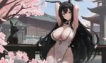  1girl absurdres animal_ears areola_slip armpits bare_shoulders black_eyes black_hair blush breasts cherry_blossoms china_dress chinese_clothes cleavage closed_mouth crossed_bangs day dress highres kiek_qaq large_breasts long_hair looking_at_viewer no_panties original outdoors rabbit_ears sleeveless sleeveless_dress smile solo 