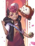  1boy absurdres baseball_cap black_hair black_jacket dark-skinned_male dark_skin falling_petals fuecoco hand_up hat highres holding holding_poke_ball jacket maigandayo multicolored_hair open_clothes open_jacket petals poke_ball pokemon red_eyes red_hair red_shirt roy_(fire_emblem) shirt short_sleeves smile teeth thumbs_up two-tone_hair v-shaped_eyebrows 