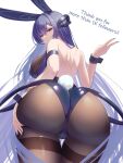  animal_ears ass ass_focus ass_grab azur_lane back blue_leotard breasts brown_pantyhose english_text from_behind highleg highleg_leotard highres large_breasts leotard looking_at_viewer new_jersey_(azur_lane) new_jersey_(exhilarating_steps!)_(azur_lane) pantyhose playboy_bunny purple_eyes purple_hair rabbit_ears rabbit_tail smile strapless strapless_leotard tail tako-san_wiener_(takosanuma) thighband_pantyhose v white_background wrist_cuffs 