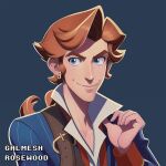  1boy artist_name blue_eyes brown_hair earrings english_commentary galmesh_rosewood grey_background guybrush_threepwood highres jewelry long_hair long_sleeves looking_at_viewer male_focus monkey_island sidelocks simple_background smile solo upper_body 