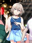  1girl ahoge anastasia_(idolmaster) bag black_choker blue_bag blue_eyes blue_shirt blue_skirt blurry blurry_foreground blush breasts cardigan choker cleavage collarbone commentary_request dangle_earrings depth_of_field earrings english_text eyelashes grey_hair hair_between_eyes hand_up highres holding_strap idolmaster idolmaster_cinderella_girls jewelry latin_text lipstick looking_at_viewer makeup medium_breasts messy_hair open_cardigan open_clothes open_mouth outdoors popon_ta shirt short_hair shoulder_bag skirt smile text_background wide_sleeves 