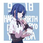  1girl blue_hair blue_skirt bocchi_the_rock! cake character_name collared_shirt dated ear_piercing food food_on_face gotoh_hitori happy_birthday holding holding_plate kita_ikuyo layered_sleeves long_sleeves piercing plate pleated_skirt ree_(re-19) shirt short_hair short_over_long_sleeves short_sleeves skirt solo tongue tongue_out upper_body white_shirt yamada_ryo yellow_eyes 
