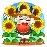  1girl black_gloves blush boots bug butterfly chibi closed_eyes coat demon_horns flower food fruit gloves hair_ornament hairclip hat holding holding_food holding_fruit horns ladybug levi_elipha multicolored_horns nijisanji open_mouth sharp_teeth short_hair straw_hat summer sunflower teeth virtual_youtuber watermelon watermelon_slice white_hair x_hair_ornament zatoumusi 