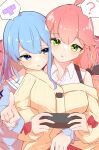  2girls ? absurdres ahoge blue_eyes blue_hair chilwell_seele controller game_console game_controller green_eyes highres holding holding_controller holding_game_controller hololive hoshimachi_suisei hoshimachi_suisei_(school_uniform) long_sleeves multiple_girls official_alternate_costume pink_hair sakura_miko sakura_miko_(3rd_costume) shirt spoken_question_mark sweater virtual_youtuber yuri 