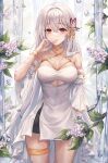  1girl absurdres blush breasts cleavage clothing_cutout covering_mouth dress flower gold_choker gold_trim highres lilac long_hair looking_at_viewer medium_breasts original pippin_(pippin_sol) plant pointy_ears red_eyes sweat thigh_strap thighs very_long_hair white_dress white_hair 