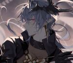  1boy arknights bishounen black_gloves earrings from_side gloves grey_hair highres hishoti_cheese jewelry logos_(arknights) looking_at_viewer male_focus mole mole_under_eye pointy_ears red_eyes short_hair solo 